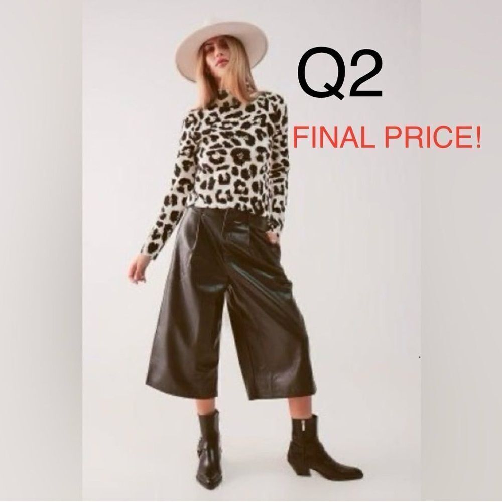 New Q2 Black Wide Leg Crop Vegan Leather Pants - Picture 12 of 12